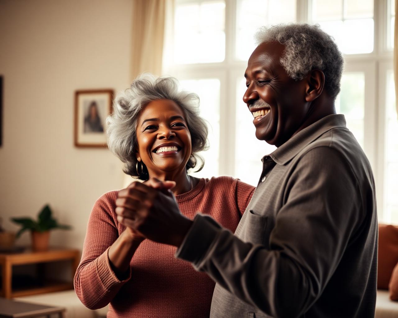An elderly couple dancing joyfully together